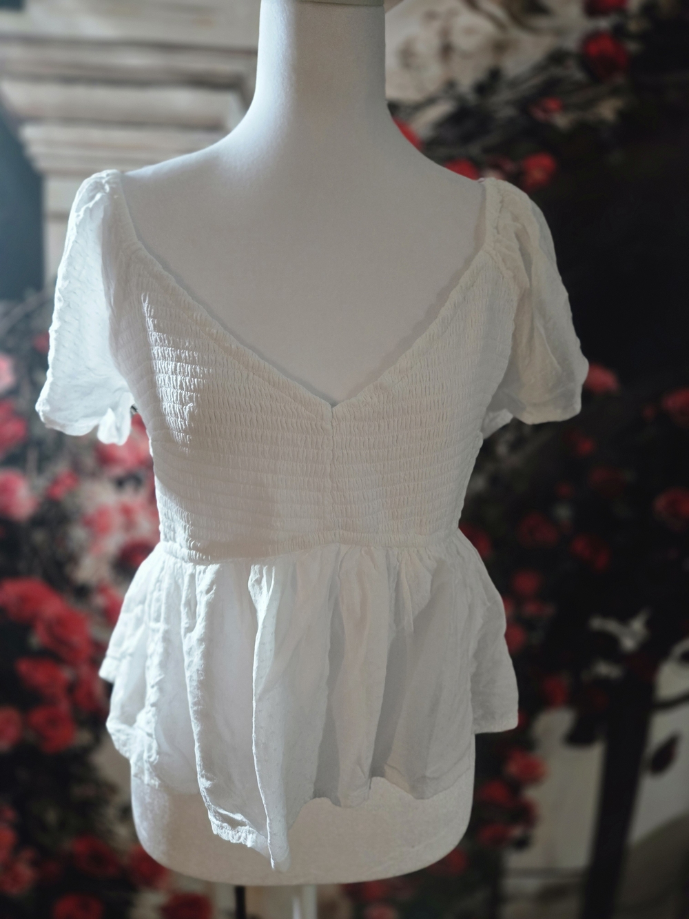 Hollister White Smocked V-Neck Peplum Blouse